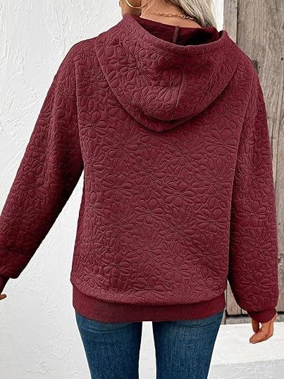 Casual Loose Jacquard Texture Elastic Drawstring Hooded Women's Sweatshirt