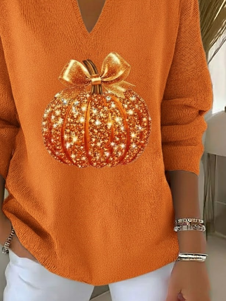 Women's Pumpkin Autumn Print Casual Lapel Sweater