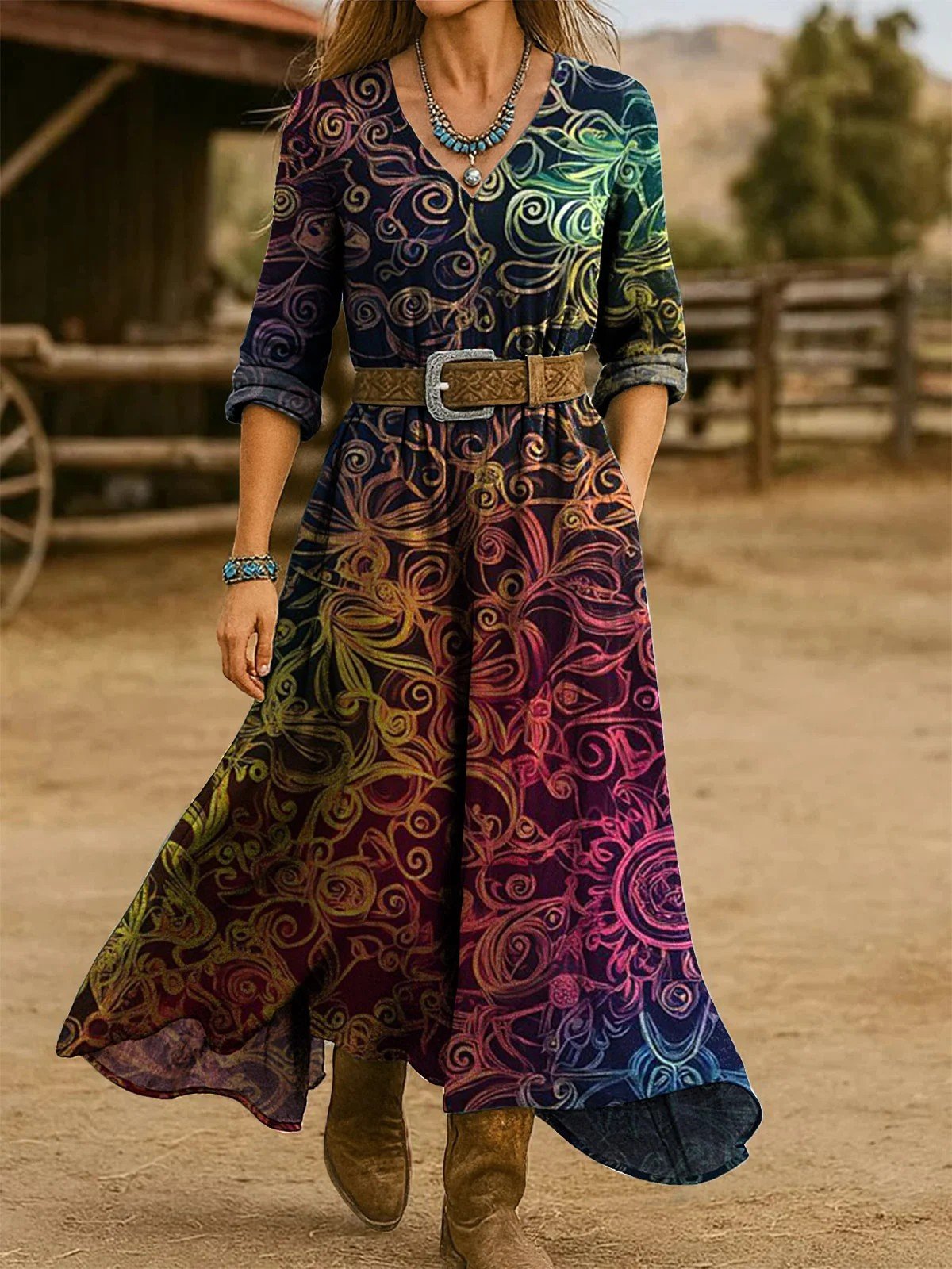V Neck Vintage Loose Gradient Pattern Dress With No