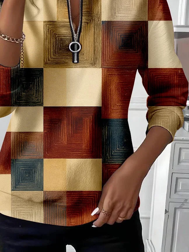 Women's Abstract Print Casual Zipper Long Sleeve Sweatshirt