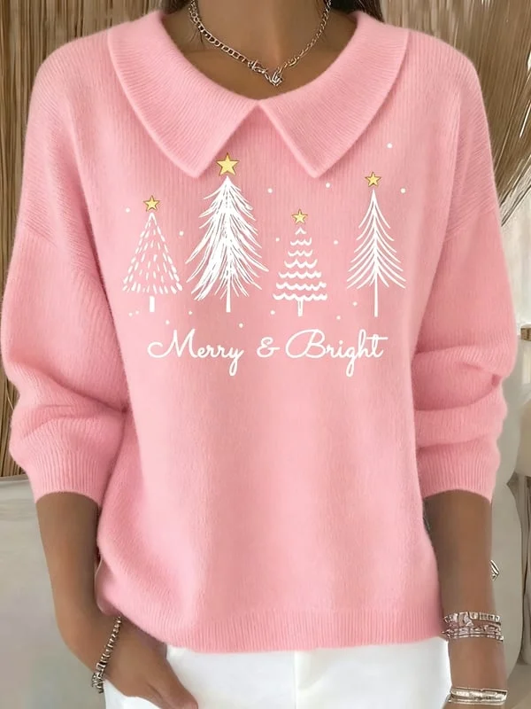 Women's Casual Printed Lapel Christmas Tree Sweater