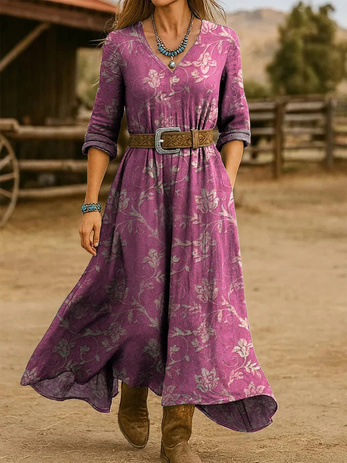 Casual V Neck Gradient Pattern Loose Dress With No