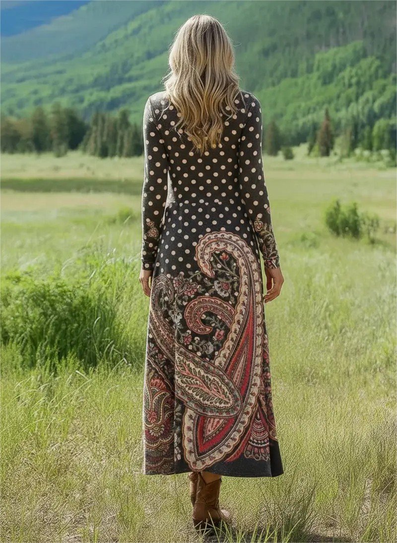Loose Ethnic Vintage Crew Neck Dress With No