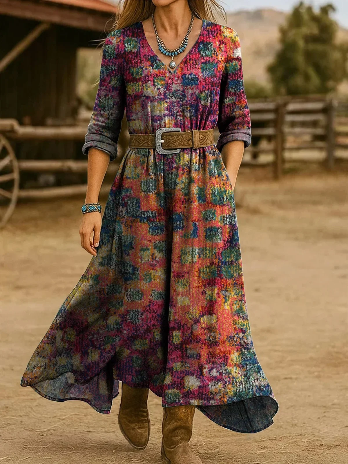 Vintage V Neck Gradient Pattern Dress With No