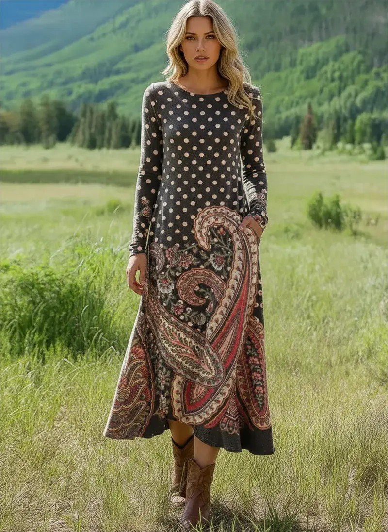 Loose Ethnic Vintage Crew Neck Dress With No