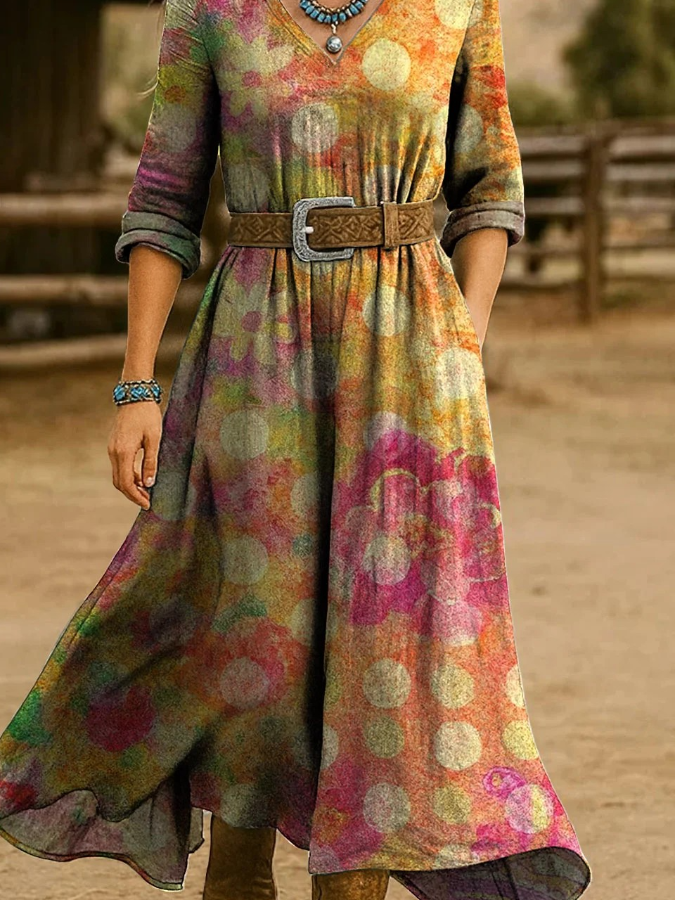 Casual V Neck Gradient Pattern Loose Dress With No