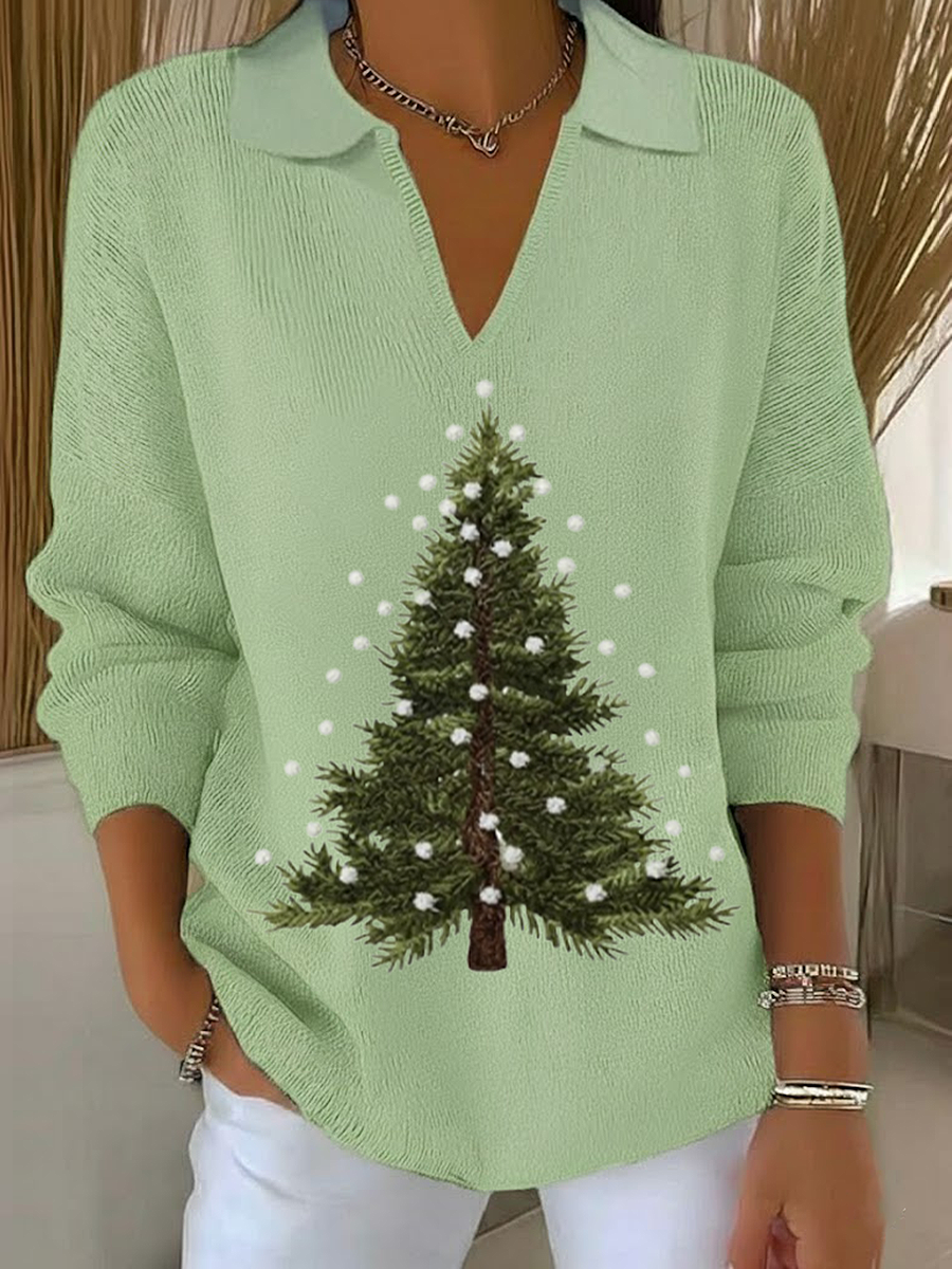 Women's Christmas Print Casual Lapel Sweater