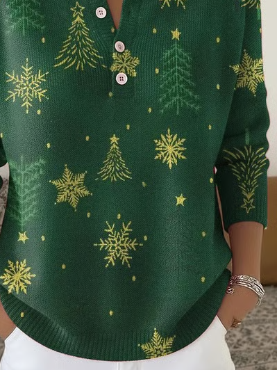 Women's Christmas Print Knit Button Sweater