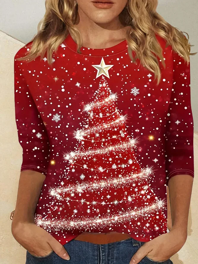 Women's Long Sleeve T-shirt Spring/Fall Red Christmas Printing Jersey Crew Neck Daily Going Out Casual Top