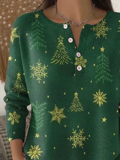 Women's Christmas Print Knit Button Sweater