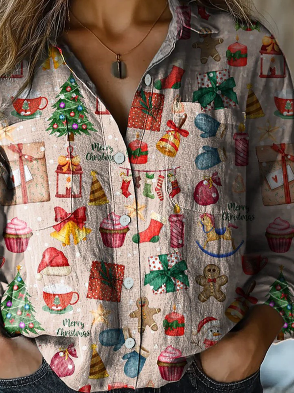 Casual Christmas Loose Shawl Collar Shirt