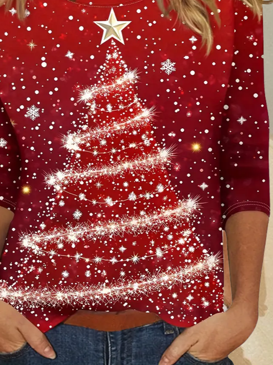 Women's Long Sleeve T-shirt Spring/Fall Red Christmas Printing Jersey Crew Neck Daily Going Out Casual Top