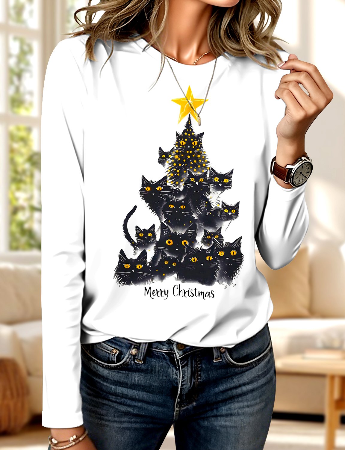 Crew Neck Christmas Cotton Casual T-Shirt