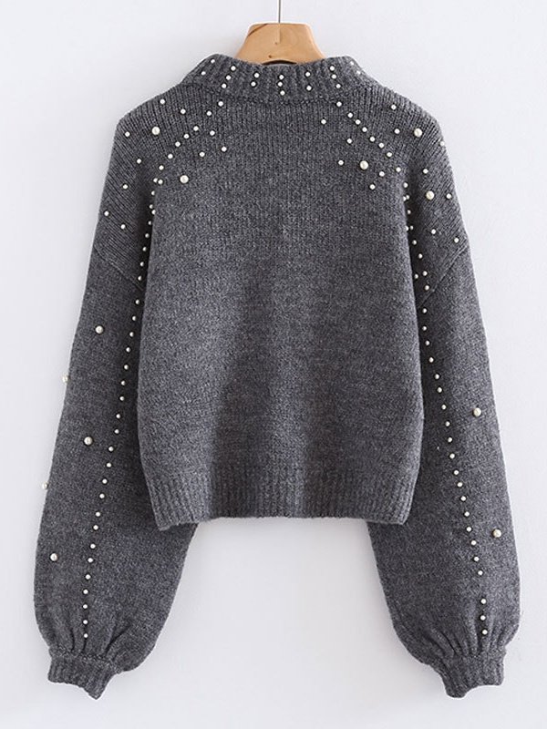 Girly Balloon Sleeve Plain Mock Neck Cotton-Blend Sweater