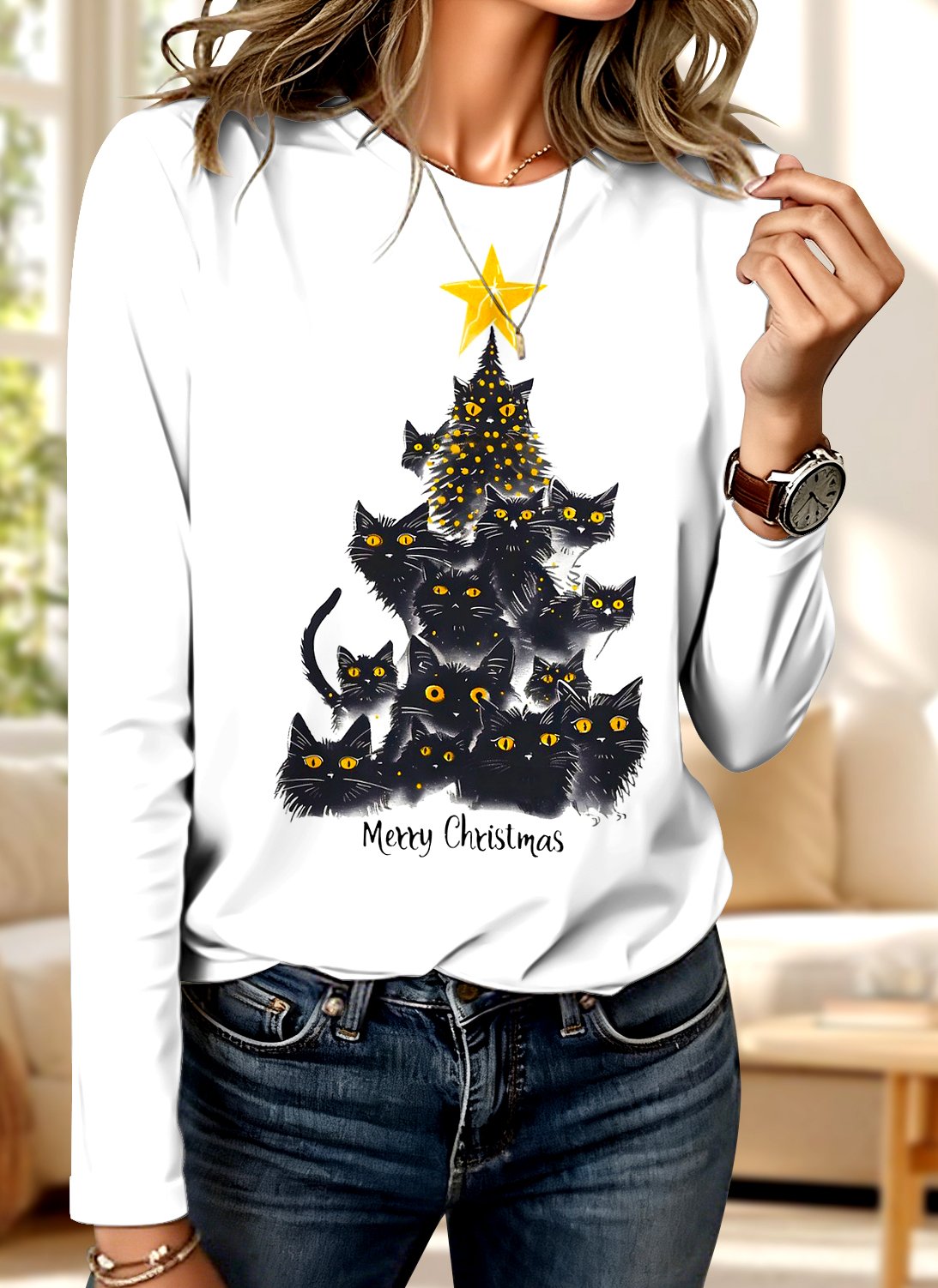 Crew Neck Christmas Cotton Casual T-Shirt