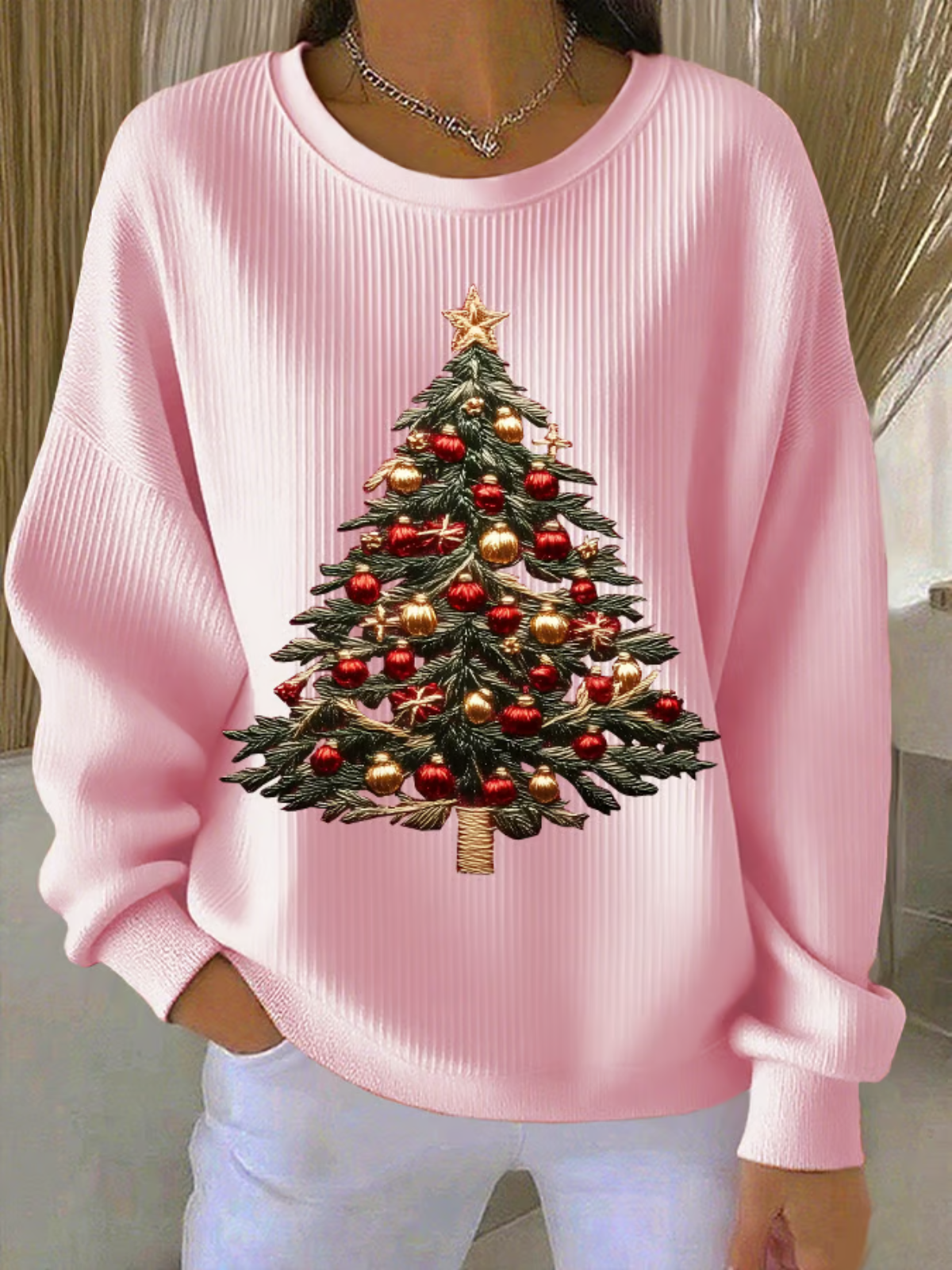 Cotton Christmas Tree Crew Neck Casual Sweatshirt