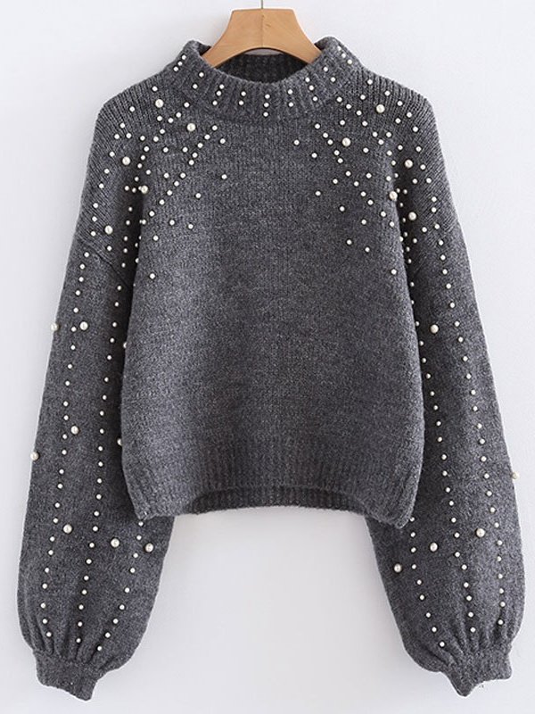 Girly Balloon Sleeve Plain Mock Neck Cotton-Blend Sweater