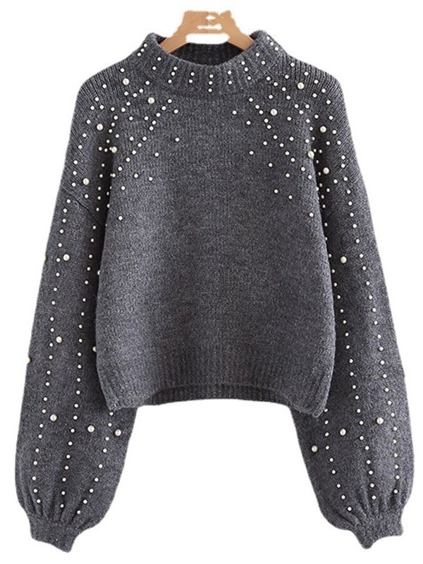 Girly Balloon Sleeve Plain Mock Neck Cotton-Blend Sweater