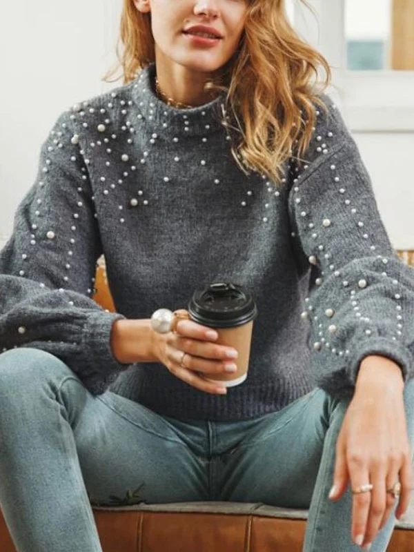 Girly Balloon Sleeve Plain Mock Neck Cotton-Blend Sweater