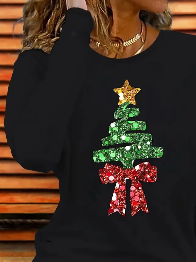 Women's Long Sleeve T-shirt Spring/Fall Black Christmas Printing Jersey Crew Neck Daily Going Out Casual Top