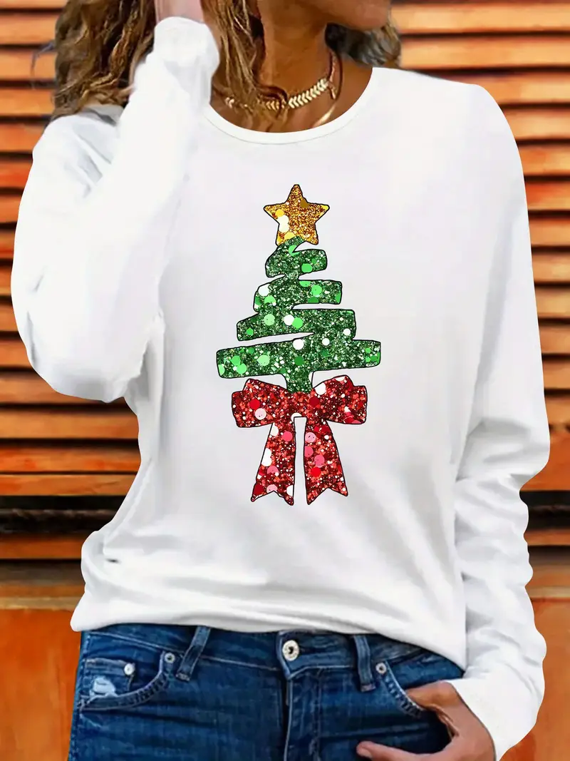 Women's Long Sleeve T-shirt Spring/Fall Black Christmas Printing Jersey Crew Neck Daily Going Out Casual Top