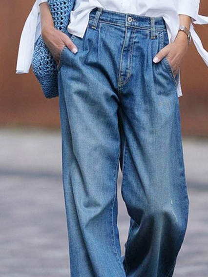 Women's  Elastic Waist H-Line Wide Leg Pants Daily Going Out Pants Blue Casual Split Joint Plain Spring/Fall Pants