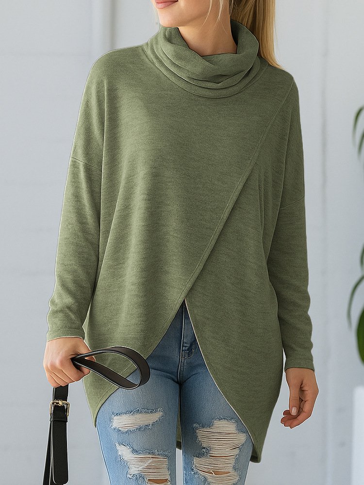 Women's Long Sleeve T-shirt Spring/Fall Apricot Plain Split Joint Mock Neck Daily Going Out Casual Top