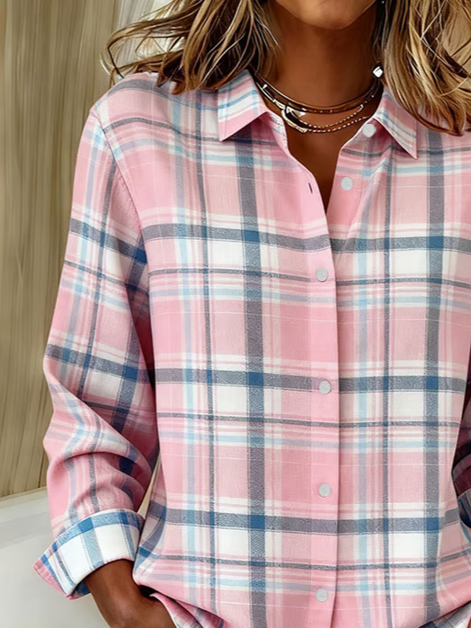 Women's Long Sleeve Shirt Spring/Fall Pink Plaid Buckle Shirt Collar Regular Sleeve Daily Going Out Casual Top