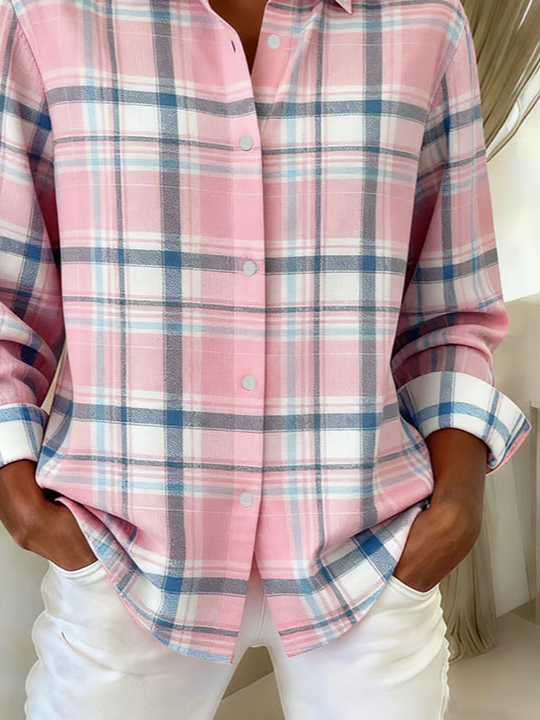 Women's Long Sleeve Shirt Spring/Fall Pink Plaid Buckle Shirt Collar Regular Sleeve Daily Going Out Casual Top