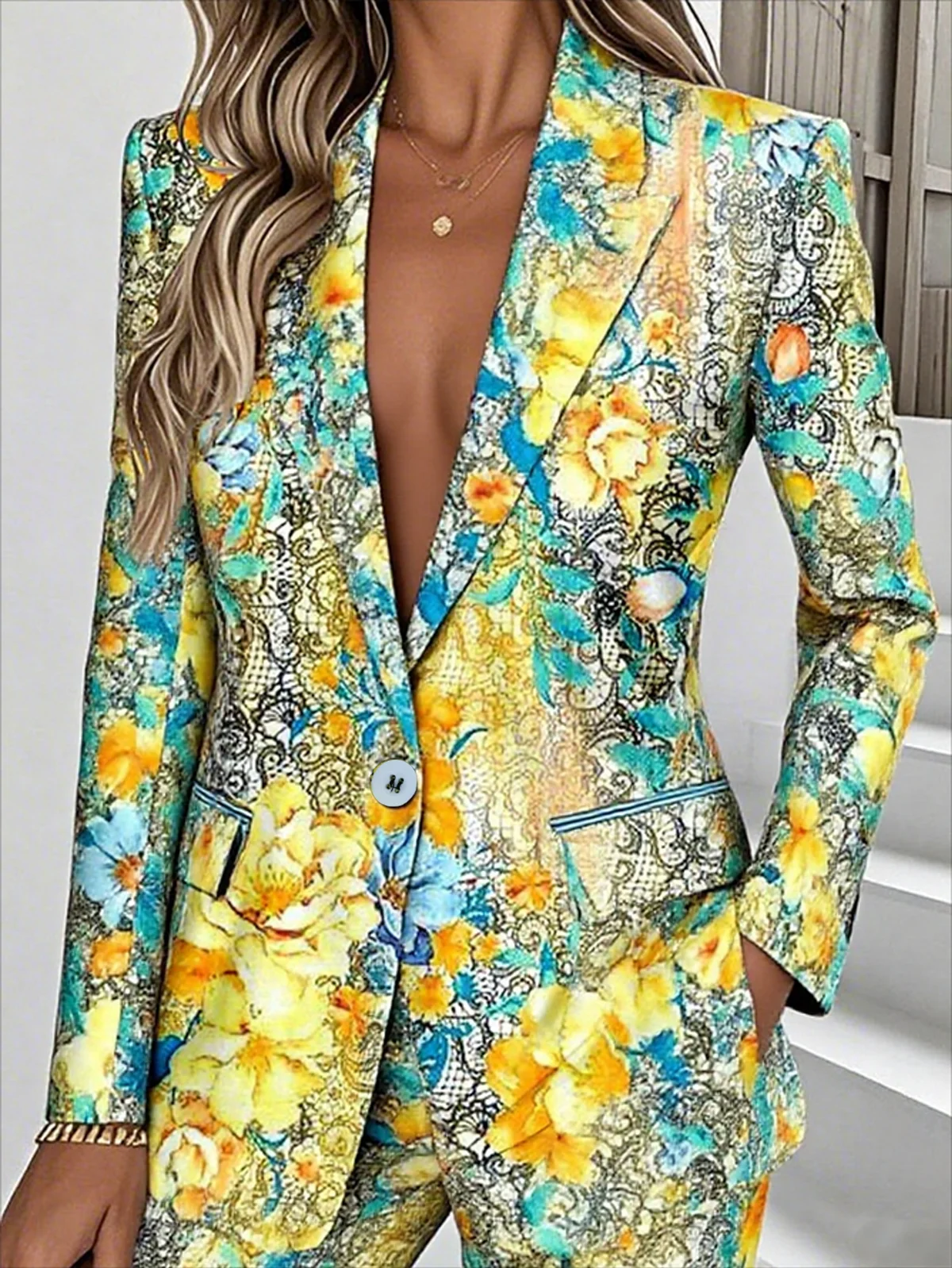 Lady Romance Floral Regular Fit Lapel Collar Blazer