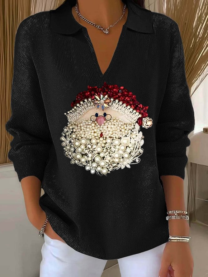 Women's Classic Casual Christmas Print Lapel Sweater