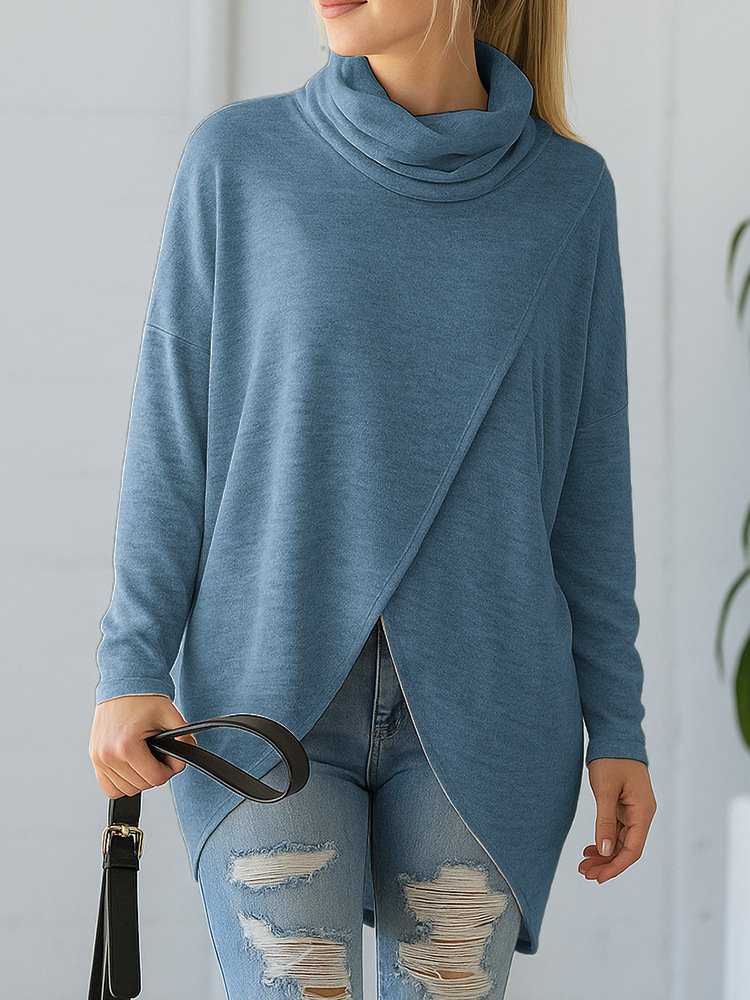 Women's Long Sleeve T-shirt Spring/Fall Apricot Plain Split Joint Mock Neck Daily Going Out Casual Top
