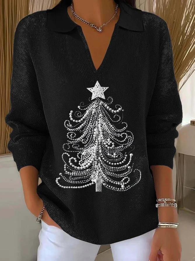 Women's Classic Casual Christmas Print Lapel Sweater