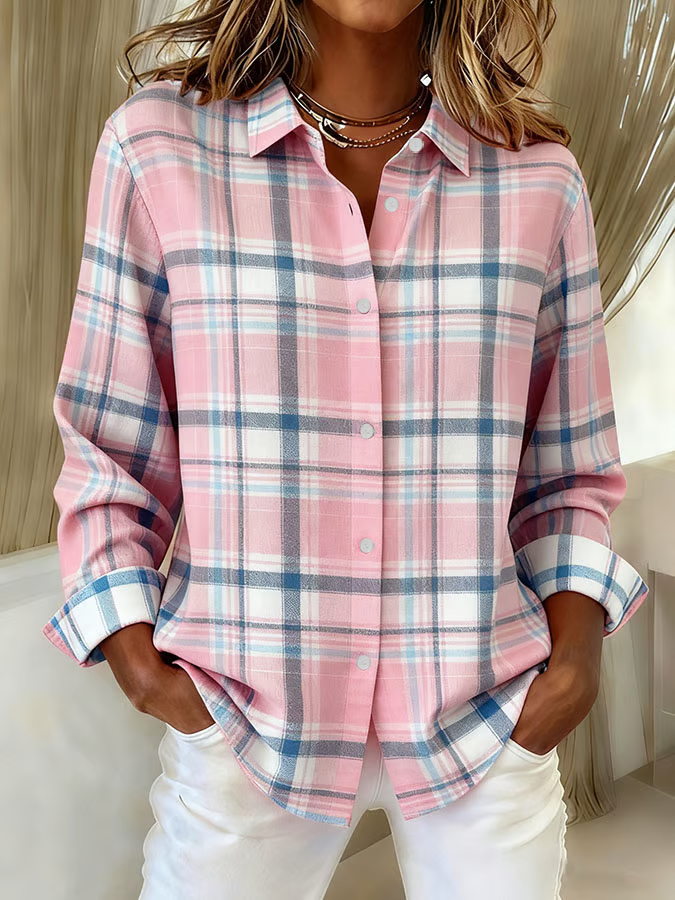 Women's Long Sleeve Shirt Spring/Fall Pink Plaid Buckle Shirt Collar Regular Sleeve Daily Going Out Casual Top
