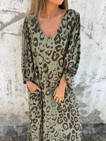 Women's Long Sleeve Spring/Fall Army Green Floral Split Joint V Neck Balloon Sleeve Daily Going Out Vintage Maxi A-Line T-Shirt Dress Dress