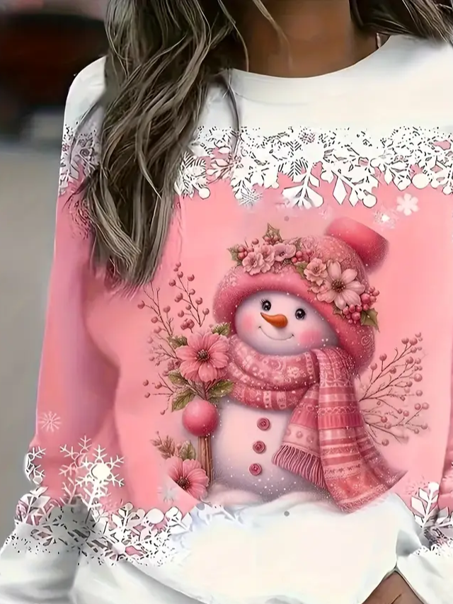 Women's Long Sleeve T-shirt Spring/Fall Pink Christmas Printing Jersey Crew Neck Daily Going Out Casual Top