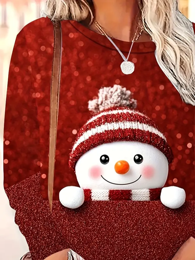 Women's Long Sleeve T-shirt Spring/Fall Red Christmas Printing Jersey Crew Neck Daily Going Out Casual Top