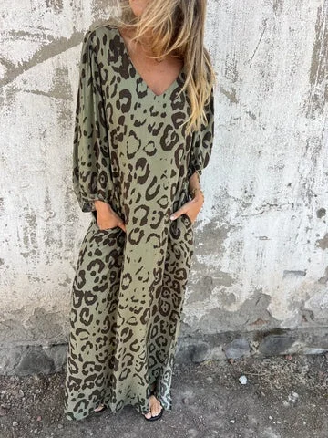 Women's Long Sleeve Spring/Fall Army Green Floral Split Joint V Neck Balloon Sleeve Daily Going Out Vintage Maxi A-Line T-Shirt Dress Dress