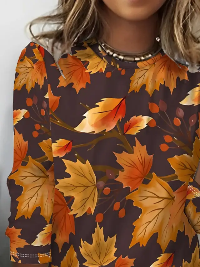 Women's Long Sleeve T-shirt Spring/Fall Brown Maple Leaf Printing Jersey Crew Neck Daily Going Out Casual Top