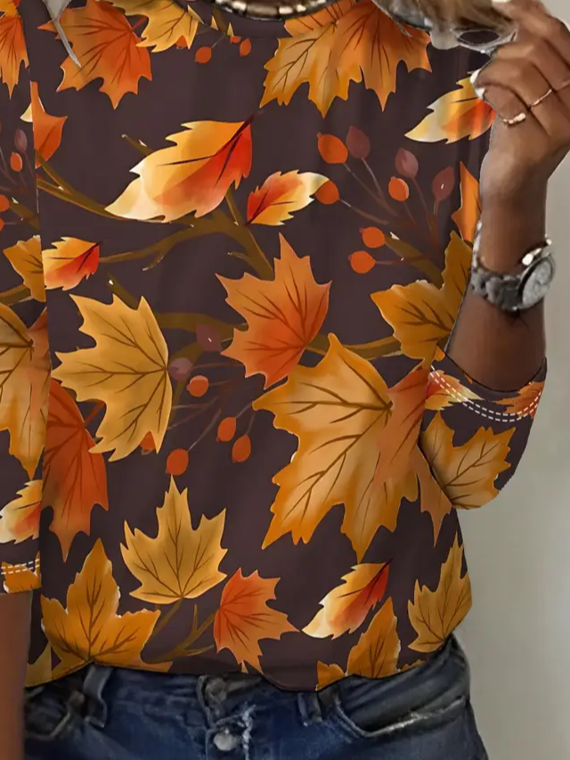Women's Long Sleeve T-shirt Spring/Fall Brown Maple Leaf Printing Jersey Crew Neck Daily Going Out Casual Top