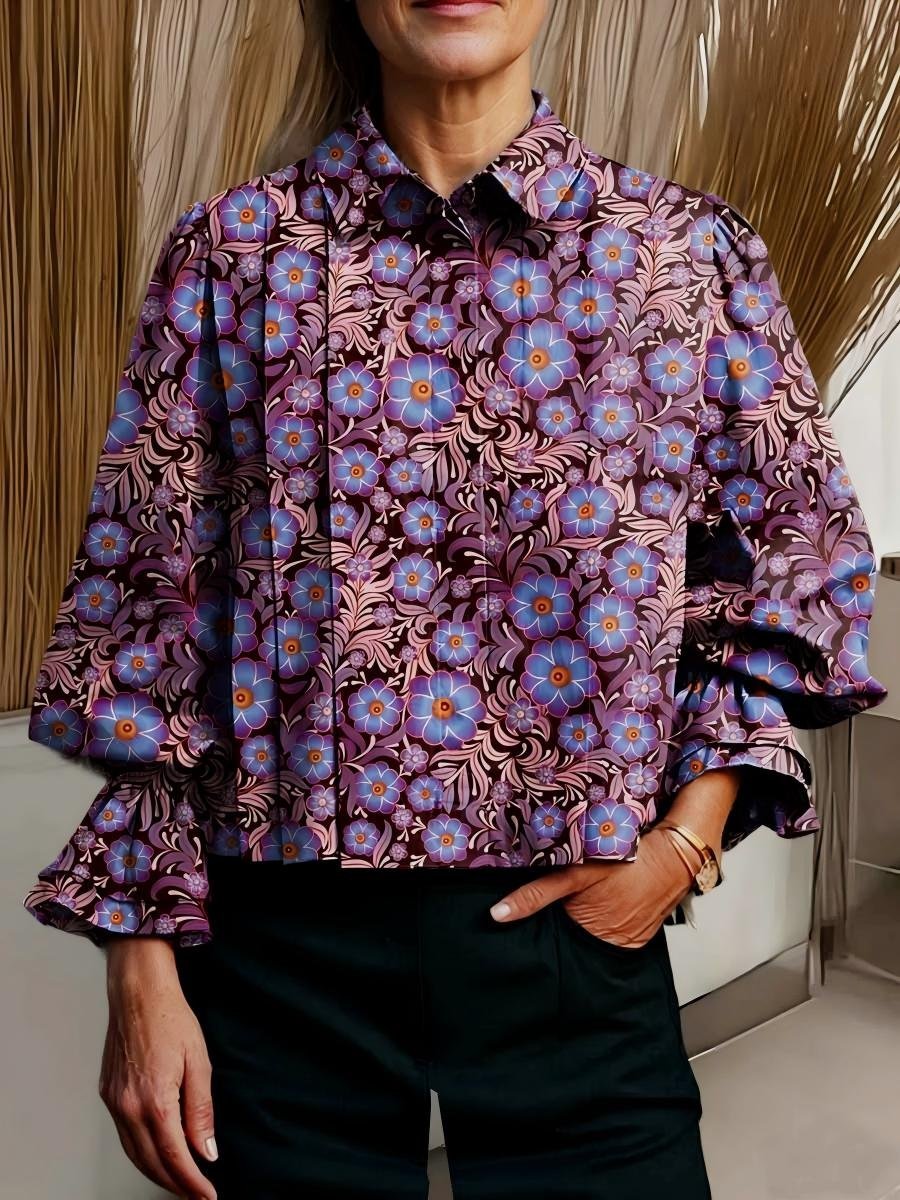 Vintage Shawl Collar Floral Loose Shirt