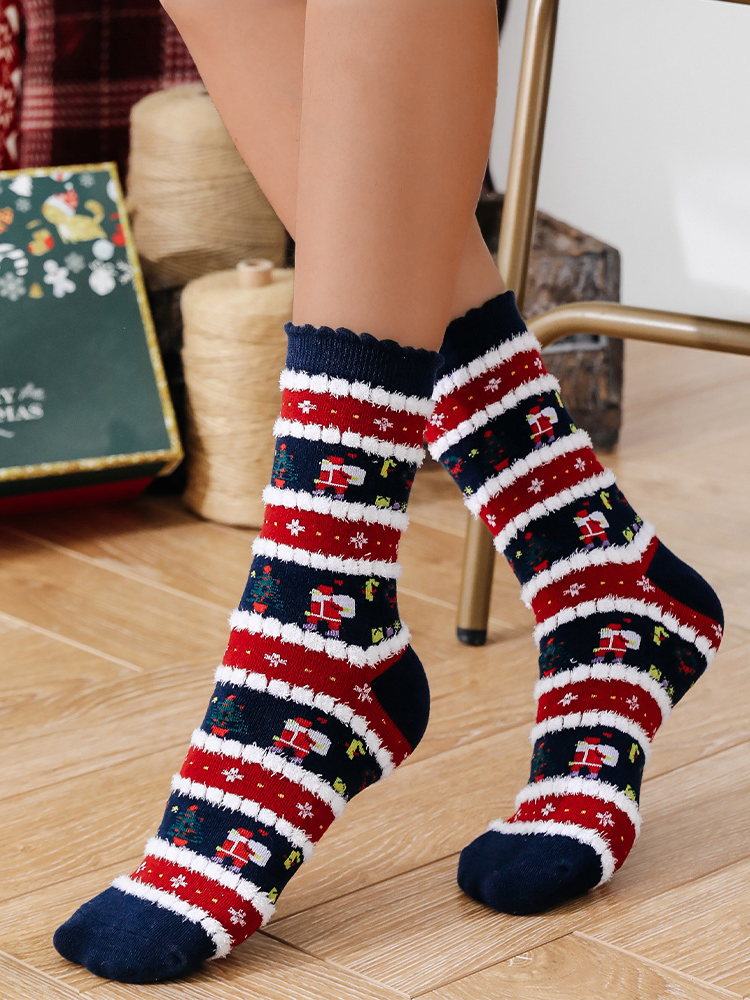Women's Christmas Socks Autumn And Winter Fur Socks Santa Claus Elk Christmas Tree Snowman Snowflake Striped Gift Mid-tube Christmas Socks
