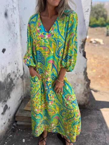 Women's Long Sleeve Spring/Fall Army Green Floral Split Joint V Neck Balloon Sleeve Daily Going Out Vintage Maxi A-Line T-Shirt Dress Dress