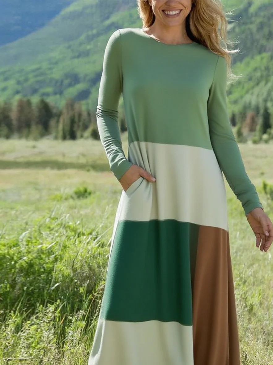 Crew Neck Vintage Loose Multicolor Block Dress With No