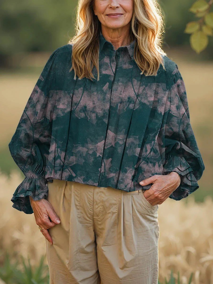 Shawl Collar Gradient Pattern Loose Casual Shirt