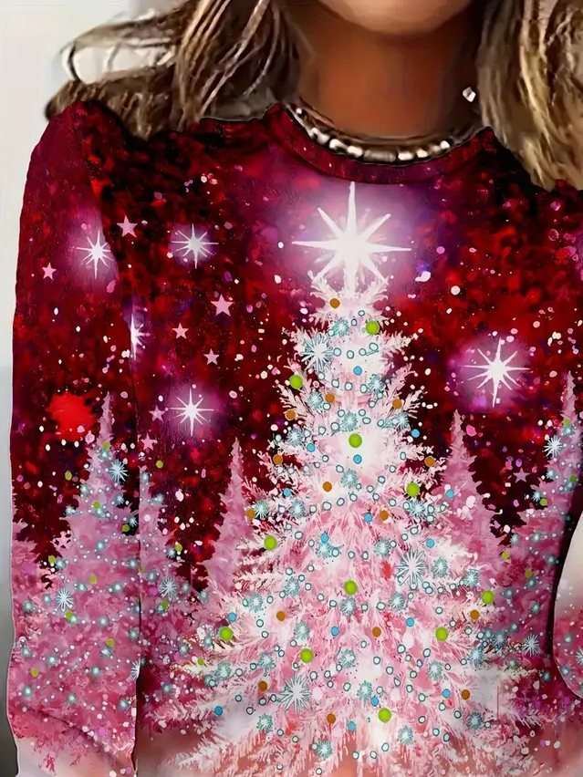 Women's Long Sleeve T-shirt Spring/Fall Red Christmas Printing Jersey Crew Neck Daily Going Out Casual Top