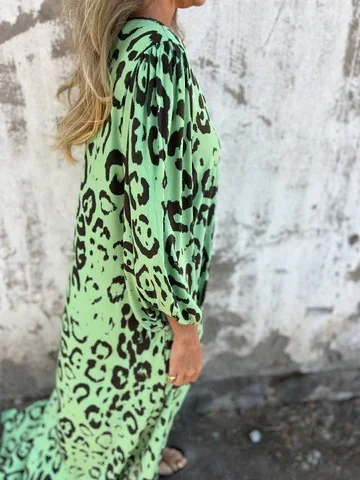 Women's Long Sleeve Spring/Fall Army Green Floral Split Joint V Neck Balloon Sleeve Daily Going Out Vintage Maxi A-Line T-Shirt Dress Dress