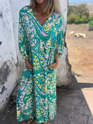 Women's Long Sleeve Spring/Fall Army Green Floral Split Joint V Neck Balloon Sleeve Daily Going Out Vintage Maxi A-Line T-Shirt Dress Dress