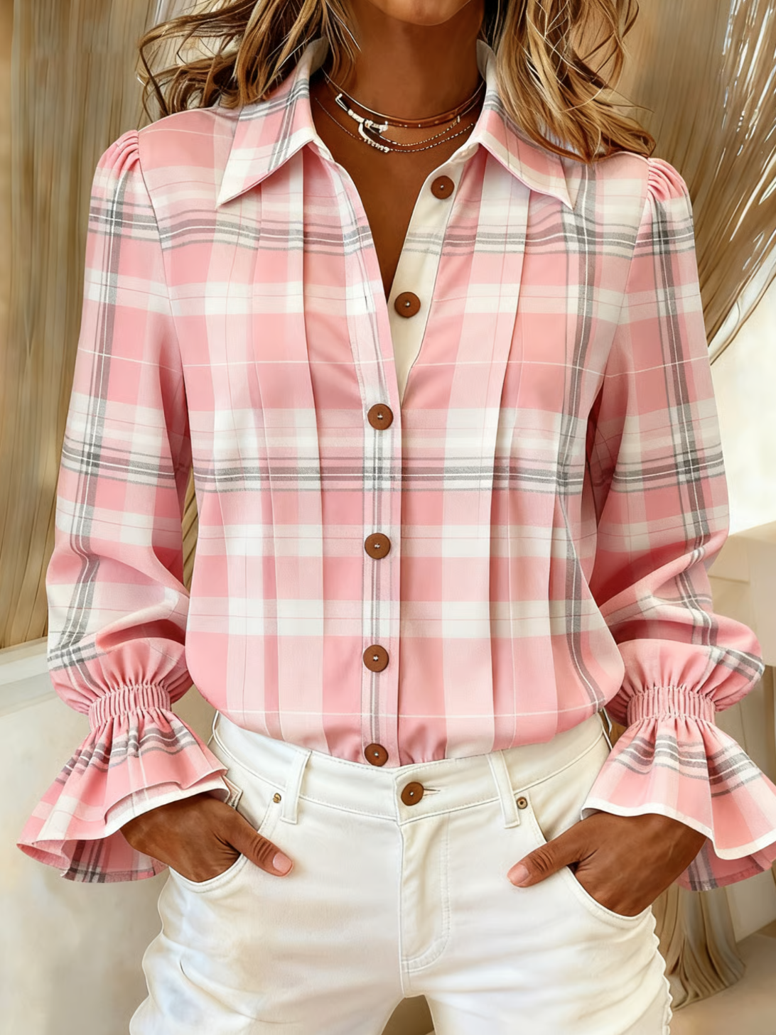 Loose Shawl Collar Casual Plaid Shirt