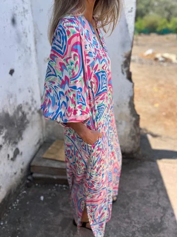 Women's Long Sleeve Spring/Fall Army Green Floral Split Joint V Neck Balloon Sleeve Daily Going Out Vintage Maxi A-Line T-Shirt Dress Dress